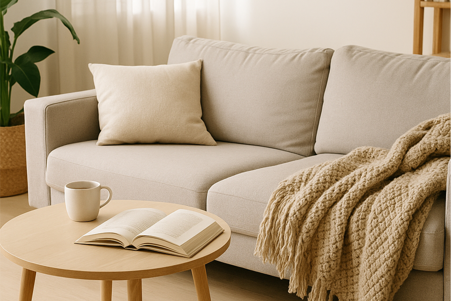 Wohnungsreinigung und Gemütlichkeit: Ein gemütliches Wohnzimmer mit Decke und Sofa – Alltagshilfe für ein wohnliches Zuhause.