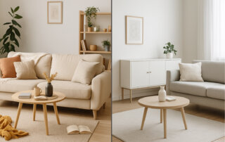 Perfekte Ordnung im Wohnzimmer: Minimalistische Einrichtung, aufgeräumte Flächen – Reinigungskraft für Privathaushalt