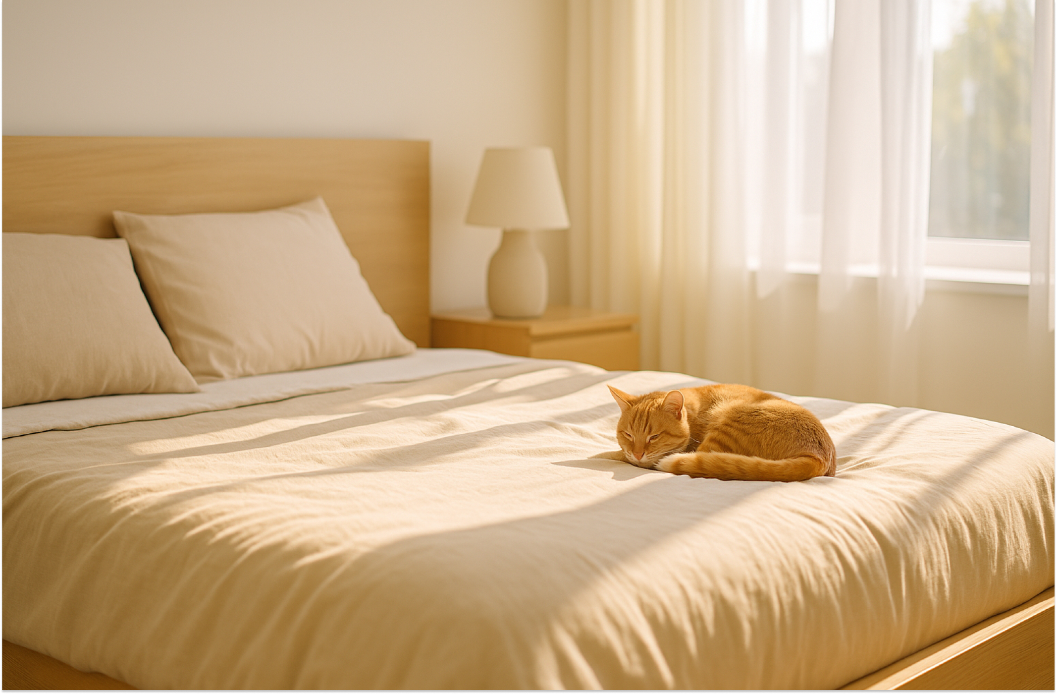 Helles Schlafzimmer im Morgenlicht mit ordentlich gemachtem Bett und schlafender Katze – Symbol für Ruhe und Sauberkeit