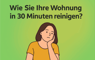 Illustration einer nachdenklichen Frau in einem unaufgeräumten Wohnzimmer mit dem Titel „Wie Sie Ihre Wohnung in 30 Minuten reinigen?“ – visuelle Darstellung für einen Ratgeber zur schnellen Wohnungsreinigung.